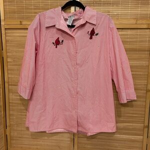 CB Career red white stripe 3/4 sleeve blouse cardinal birds size 18 1X vintage